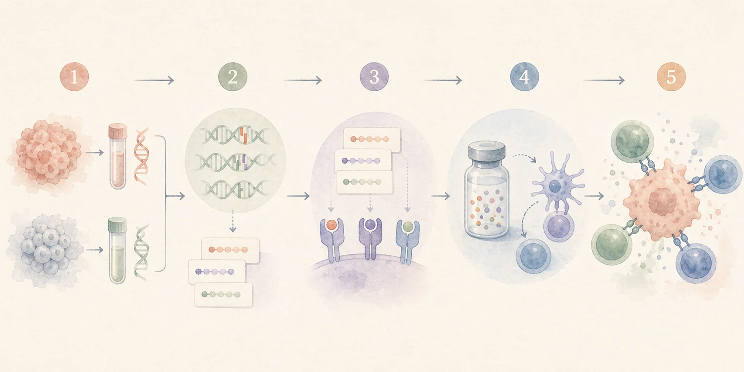 Illustration showing tumor sequencing, peptide selection, HLA presentation, vaccine training, and T-cell recognition.